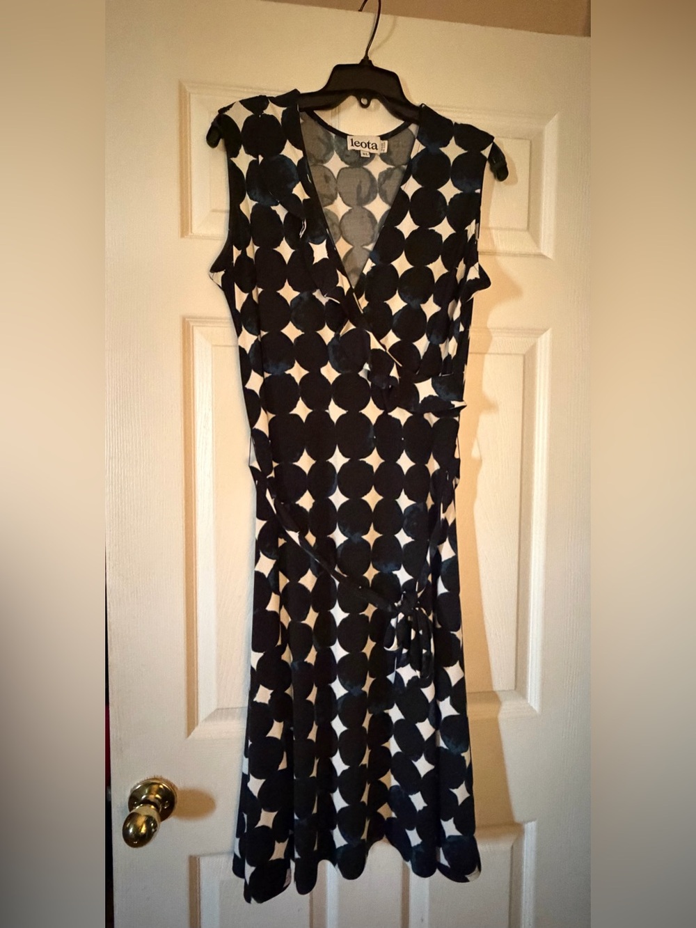Leota Black and White Polka Dot Sleeveless Wrap Dress